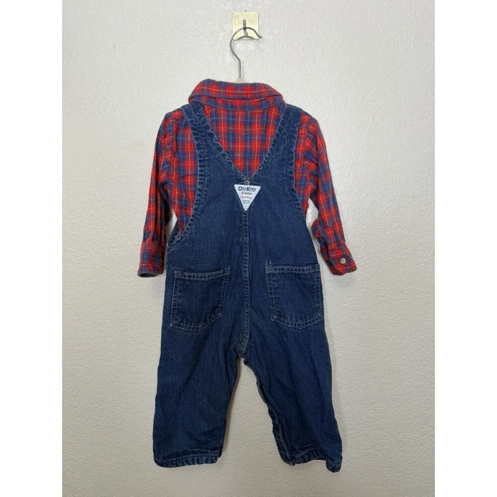 Vintage Oshkosh Vestbak Denim Boys Plaid Overalls & Shirt 12 Months 90s Holiday